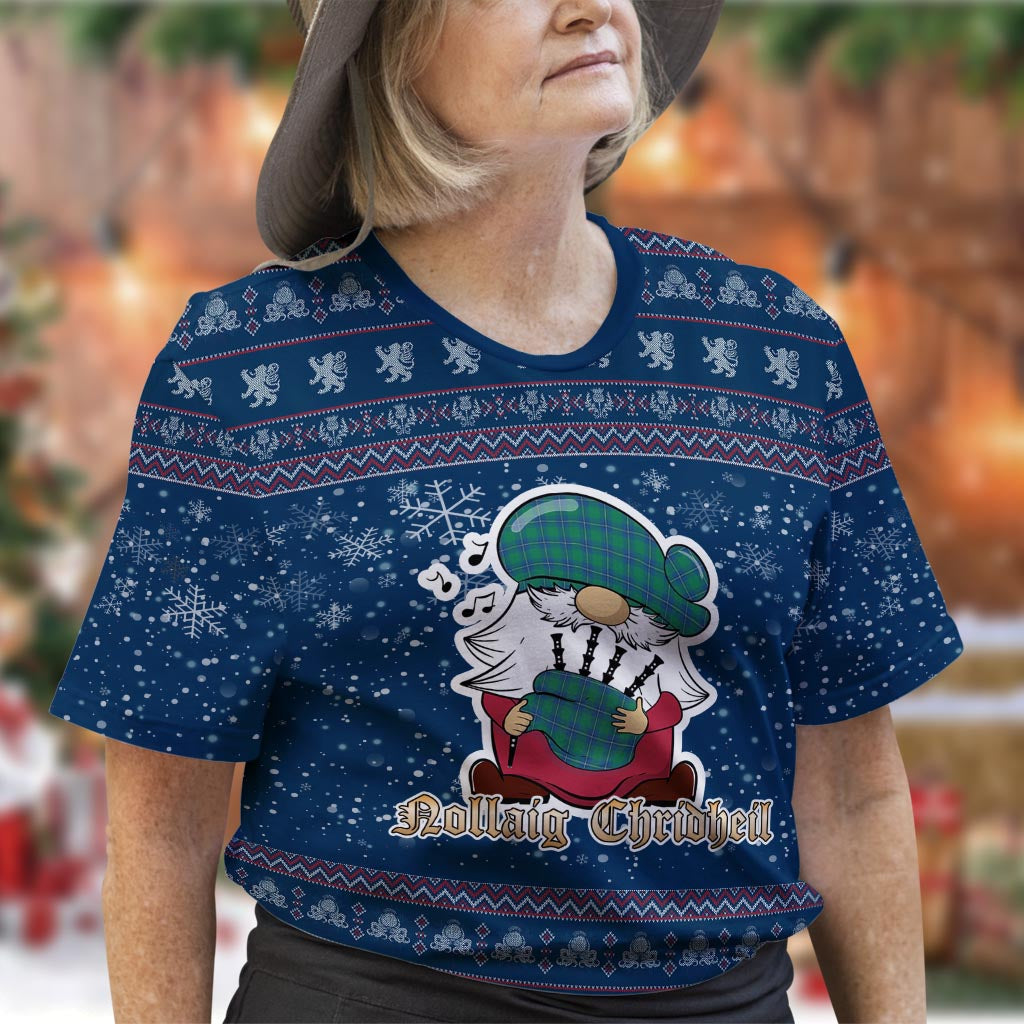 Irvine Ancient Clan Christmas Family T-Shirt with Funny Gnome Playing Bagpipes Women's Shirt Blue - Tartanvibesclothing