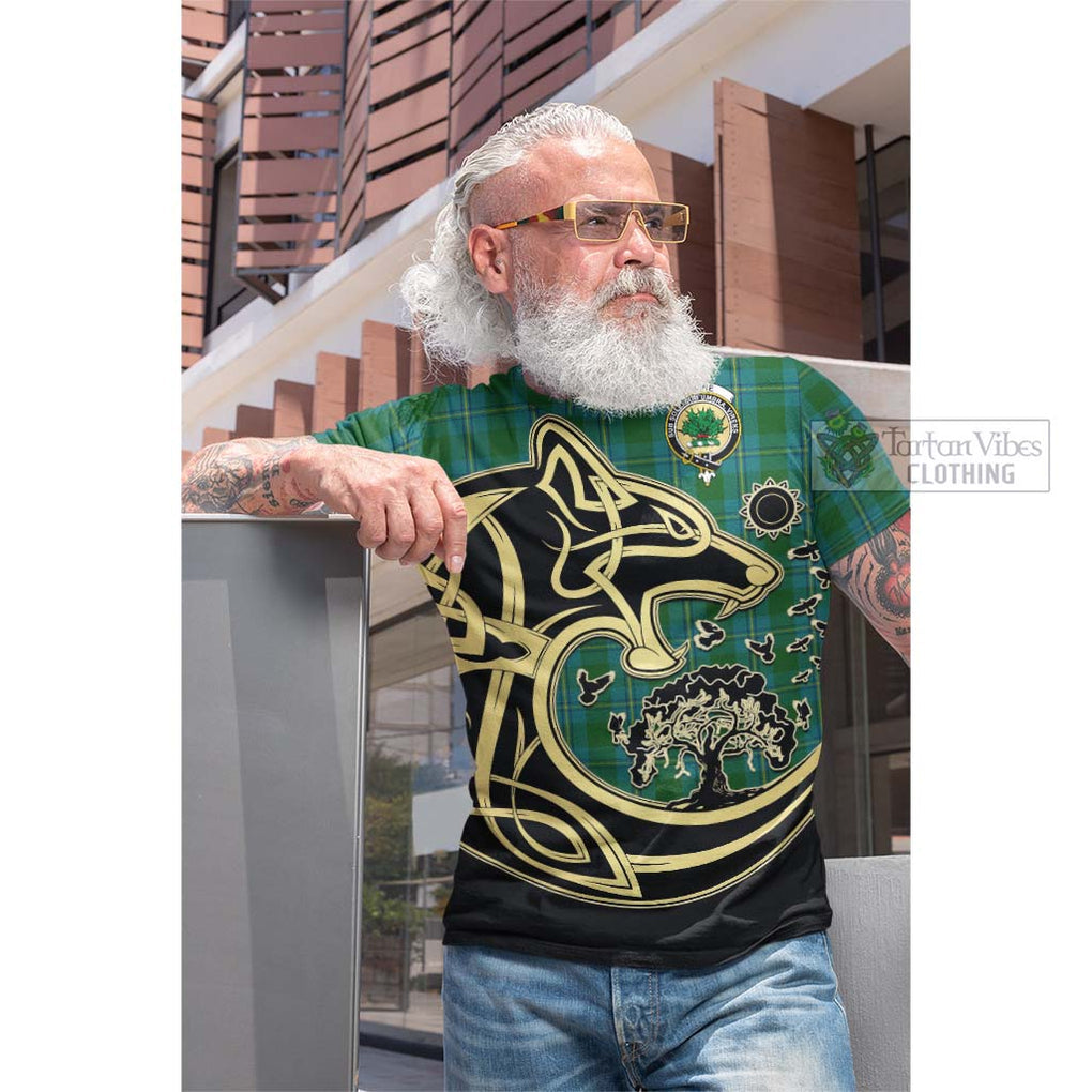 Tartan Vibes Clothing Irvine of Bonshaw Tartan Cotton T-shirt with Family Crest Celtic Wolf Style