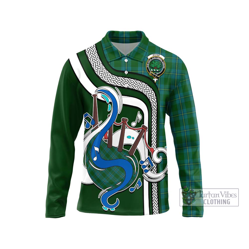 Tartan Vibes Clothing Irvine of Bonshaw Tartan Long Sleeve Polo Shirt with Epic Bagpipe Style