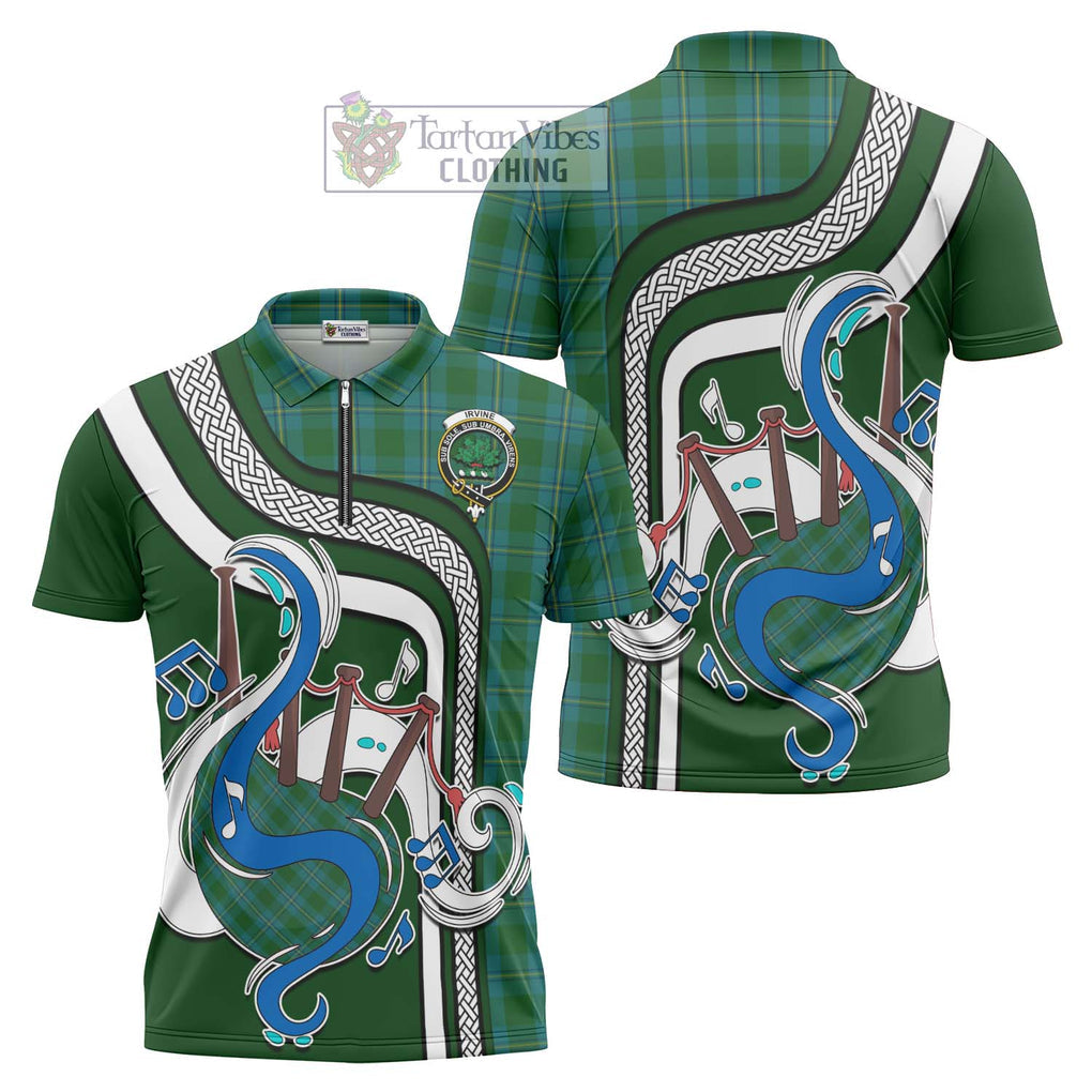 Irvine of Bonshaw Tartan Zipper Polo Shirt with Epic Bagpipe Style Unisex - Tartanvibesclothing Shop