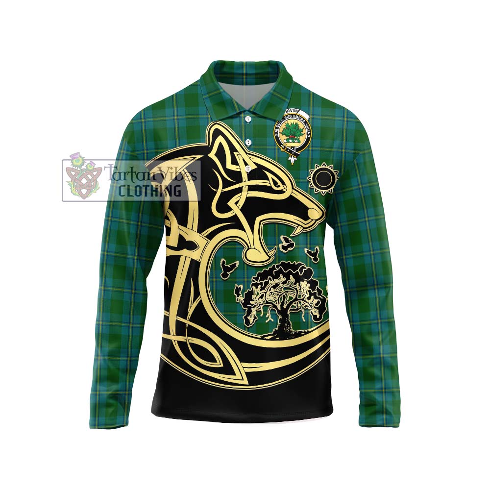 Irvine of Bonshaw Tartan Long Sleeve Polo Shirt with Family Crest Celtic Wolf Style Unisex - Tartanvibesclothing Shop