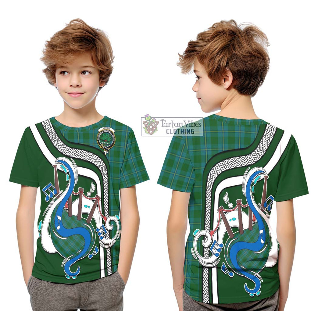 Tartan Vibes Clothing Irvine of Bonshaw Tartan Kid T-Shirt with Epic Bagpipe Style