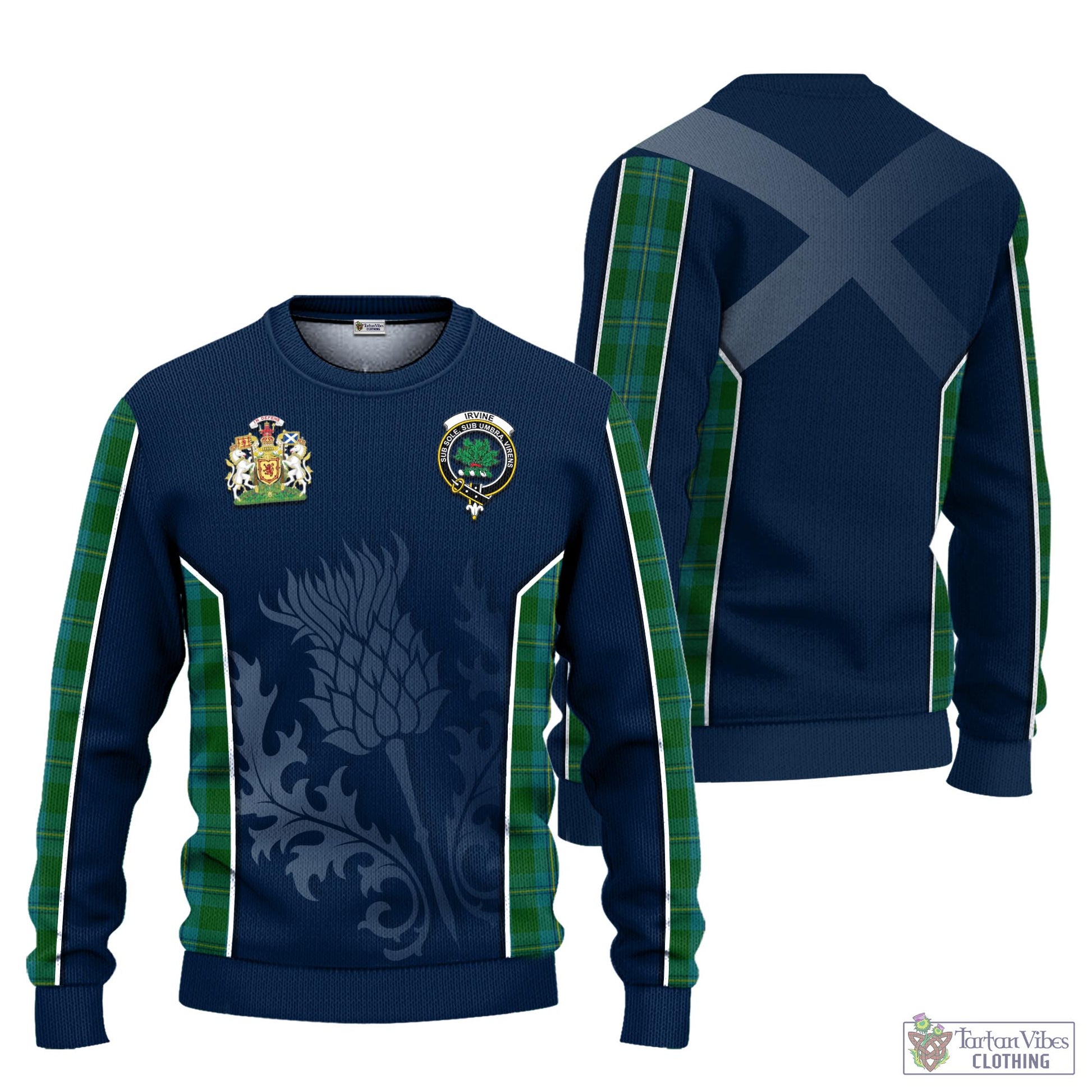 Tartan Vibes Clothing Irvine of Bonshaw Tartan Knitted Sweatshirt with Family Crest and Scottish Thistle Vibes Sport Style