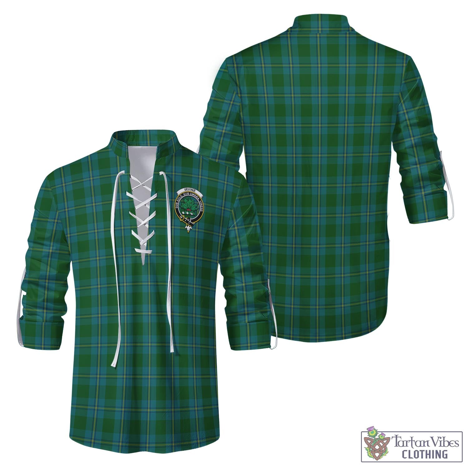 Tartan Vibes Clothing Irvine of Bonshaw Tartan Men's Scottish Traditional Jacobite Ghillie Kilt Shirt with Family Crest