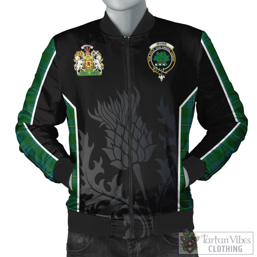 Tartan Vibes Clothing Irvine of Bonshaw Tartan Bomber Jacket with Family Crest and Scottish Thistle Vibes Sport Style