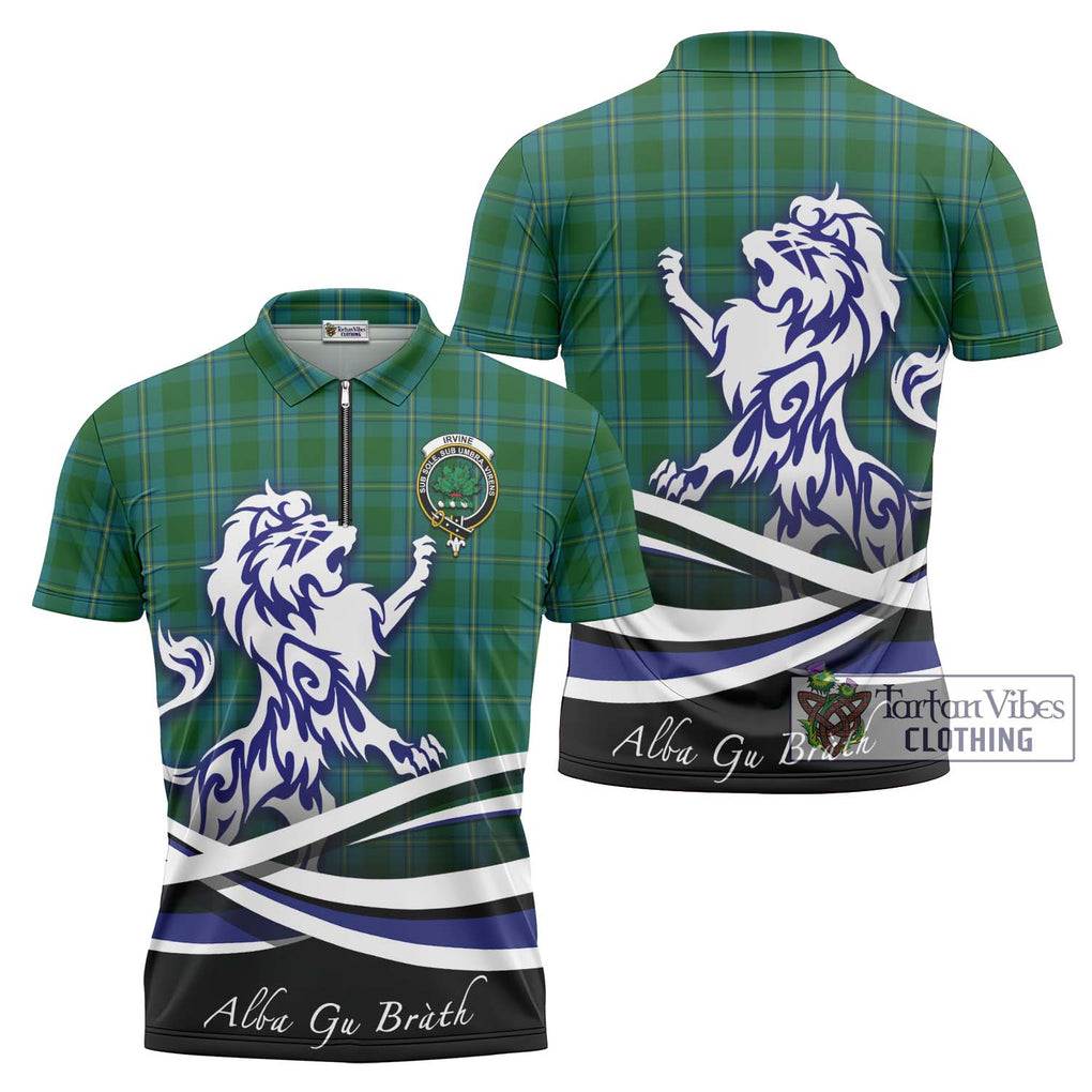 Irvine of Bonshaw Tartan Zipper Polo Shirt with Alba Gu Brath Regal Lion Emblem Unisex - Tartanvibesclothing Shop