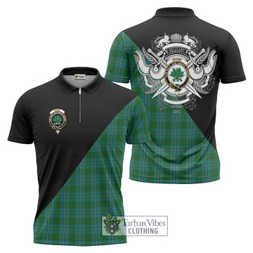 Irvine of Bonshaw Tartan Zipper Polo Shirt with Family Crest and Military Logo Style