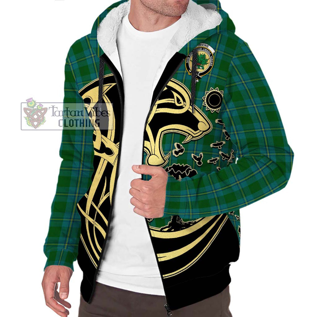 Irvine of Bonshaw Tartan Sherpa Hoodie with Family Crest Celtic Wolf Style Unisex S - Tartan Vibes Clothing