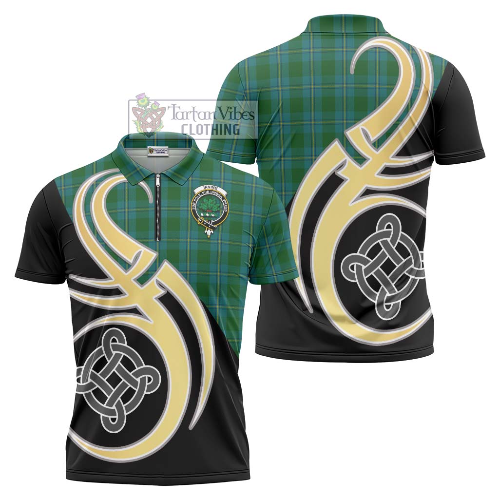 Tartan Vibes Clothing Irvine of Bonshaw Tartan Zipper Polo Shirt with Family Crest and Celtic Symbol Style