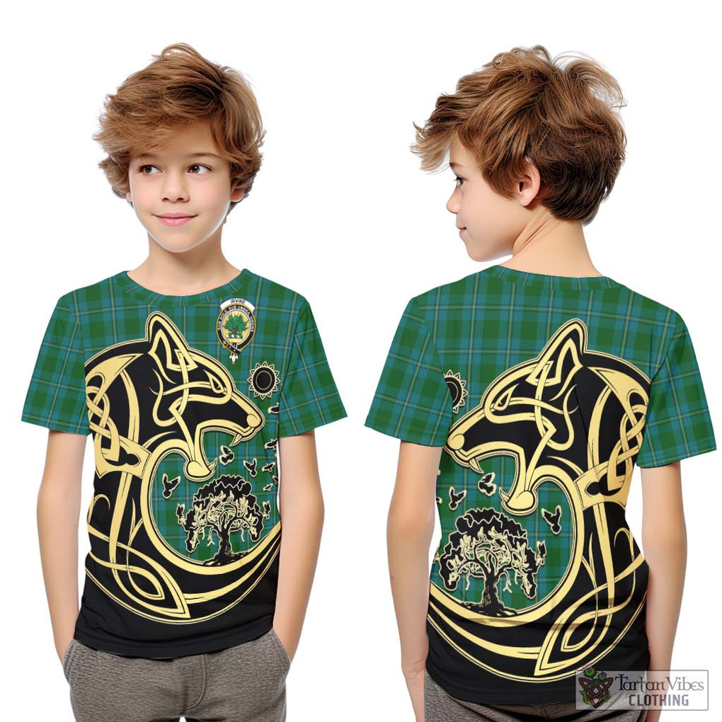 Irvine of Bonshaw Tartan Kid T-Shirt with Family Crest Celtic Wolf Style Youth XL Size14 - Tartan Vibes Clothing