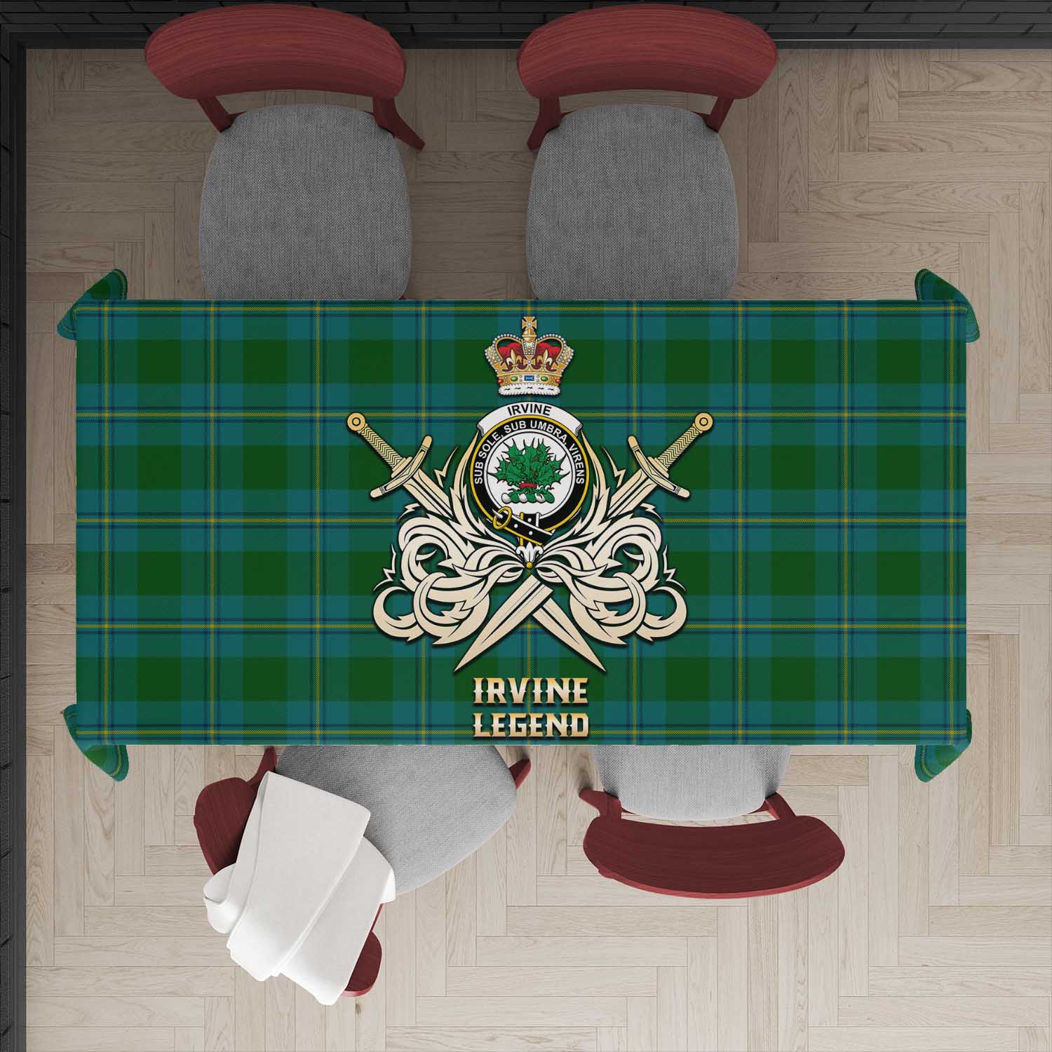 Tartan Vibes Clothing Irvine of Bonshaw Tartan Tablecloth with Clan Crest and the Golden Sword of Courageous Legacy