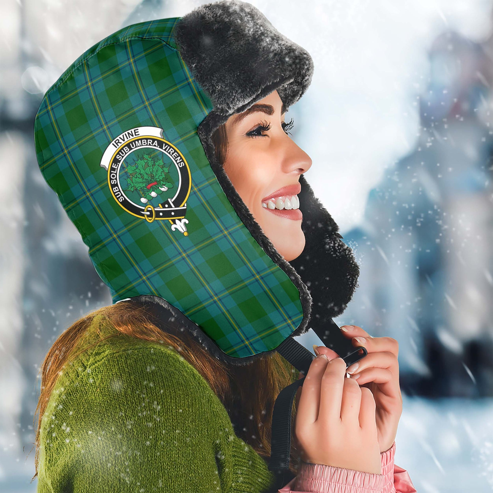 Irvine of Bonshaw Tartan Winter Trapper Hat with Family Crest Winter Trapper Hat Universal Fit Circumference 22.8in (58cm) - Tartanvibesclothing