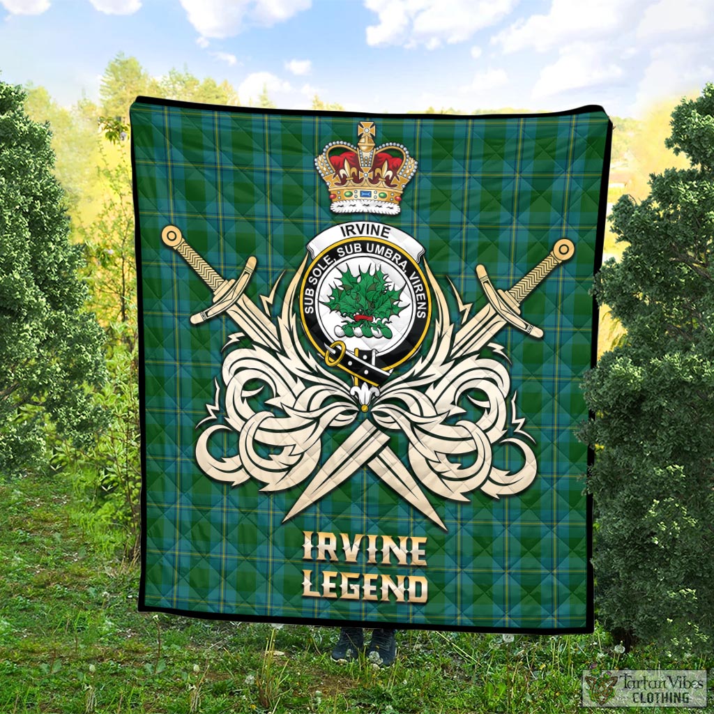 Tartan Vibes Clothing Irvine of Bonshaw Tartan Quilt with Clan Crest and the Golden Sword of Courageous Legacy