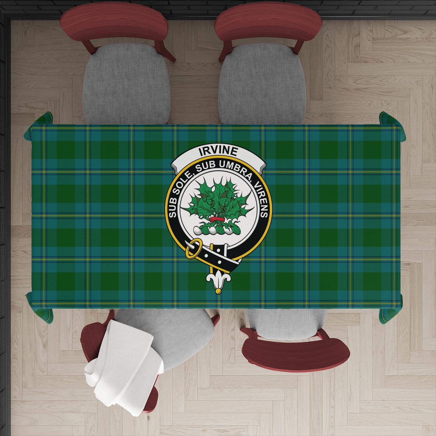 irvine-of-bonshaw-tatan-tablecloth-with-family-crest