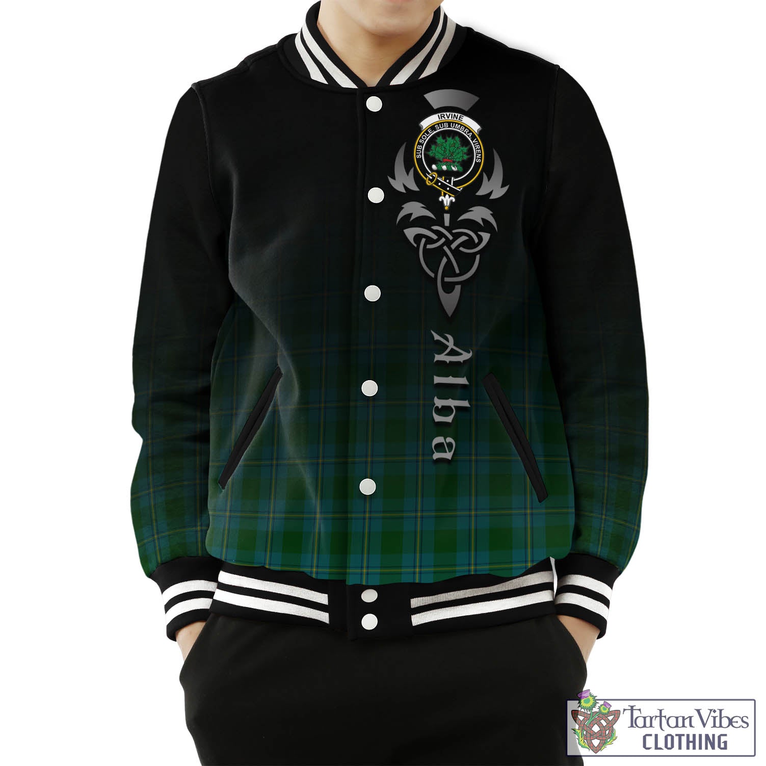 Tartan Vibes Clothing Irvine of Bonshaw Tartan Baseball Jacket Featuring Alba Gu Brath Family Crest Celtic Inspired