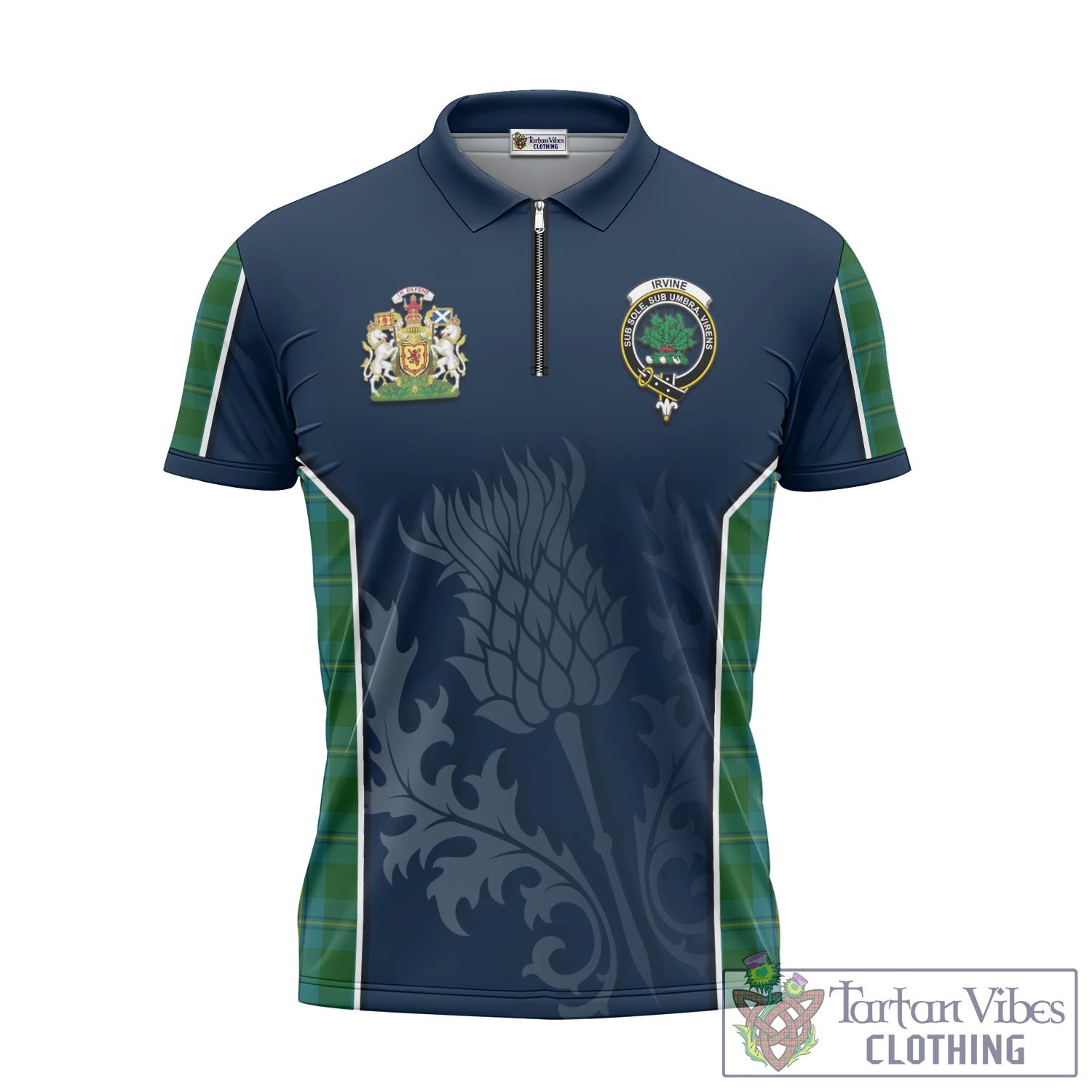 Tartan Vibes Clothing Irvine of Bonshaw Tartan Zipper Polo Shirt with Family Crest and Scottish Thistle Vibes Sport Style