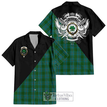 Irvine of Bonshaw Tartan Short Sleeve Button Shirt with Family Crest and Military Logo Style