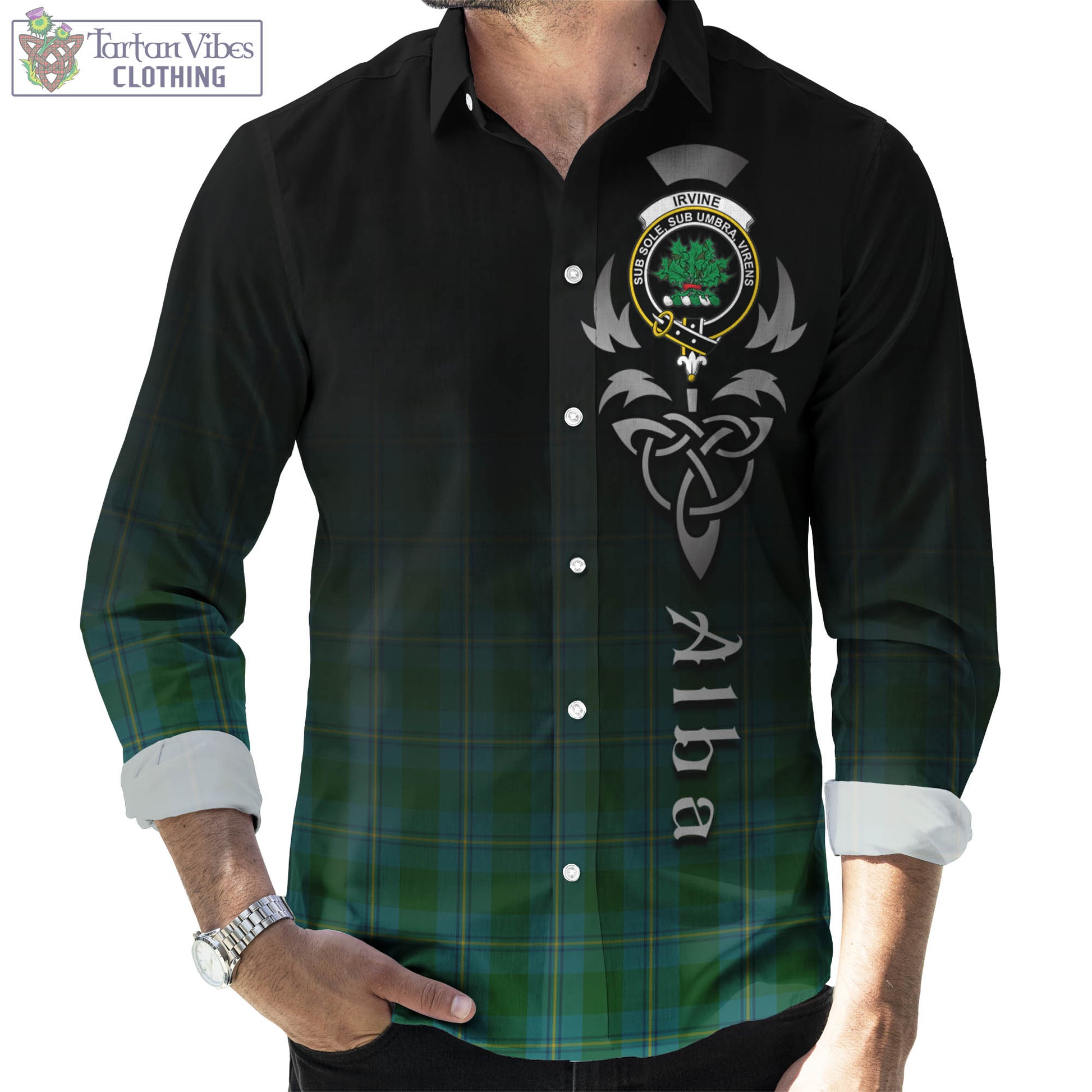 Tartan Vibes Clothing Irvine of Bonshaw Tartan Long Sleeve Button Up Featuring Alba Gu Brath Family Crest Celtic Inspired