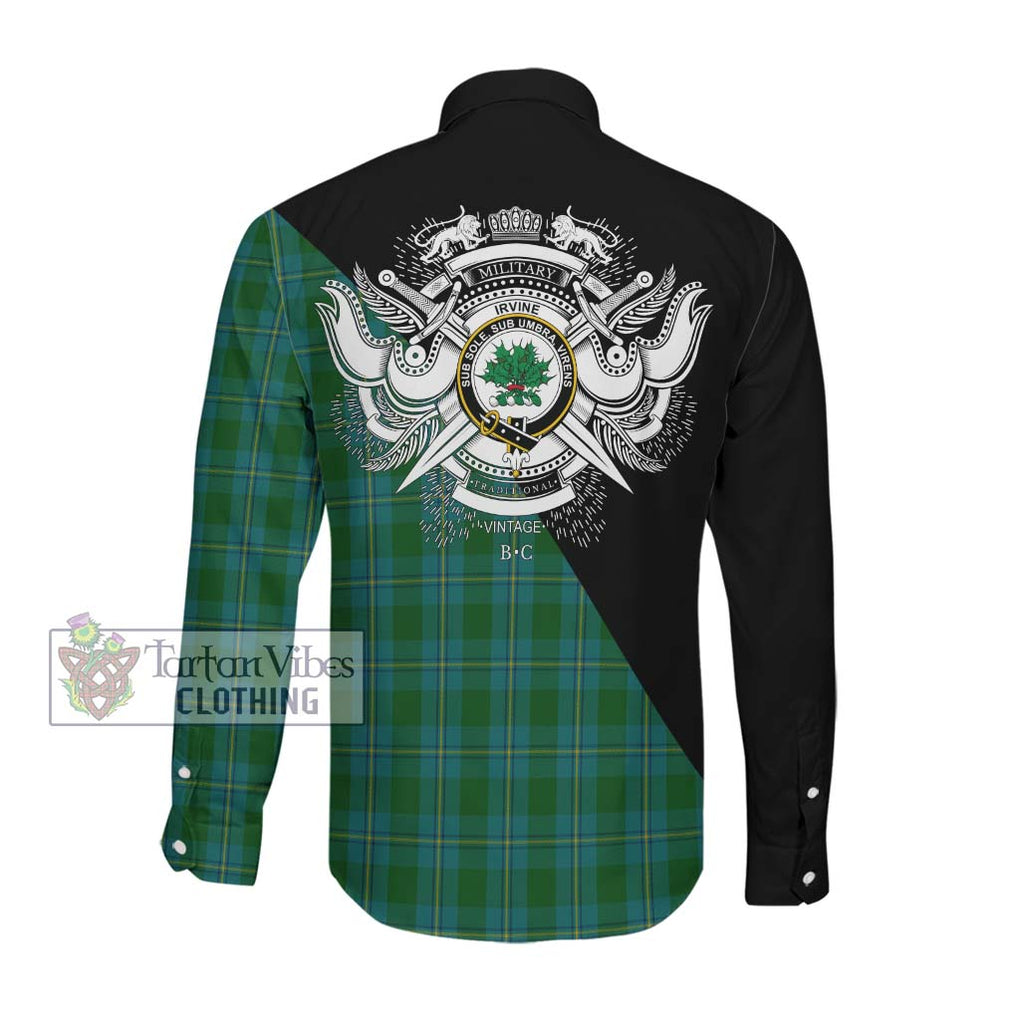 Irvine of Bonshaw Tartan Long Sleeve Button Shirt with Family Crest and Military Logo Style Men's Shirt - Tartanvibesclothing Shop