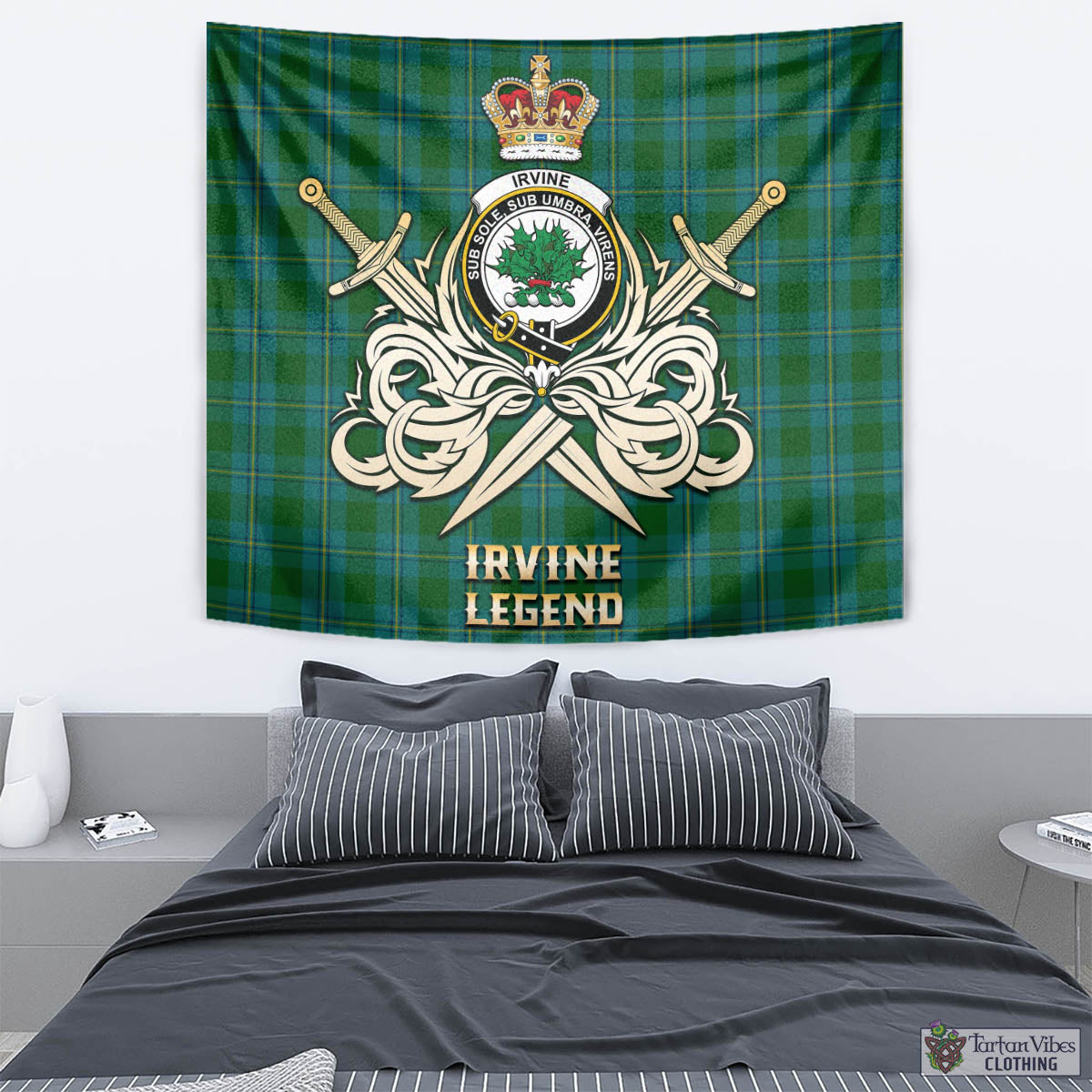 Tartan Vibes Clothing Irvine of Bonshaw Tartan Tapestry with Clan Crest and the Golden Sword of Courageous Legacy