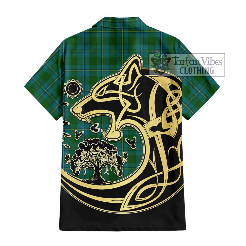 Irvine of Bonshaw Tartan Short Sleeve Button Shirt with Family Crest Celtic Wolf Style - Tartan Vibes Clothing