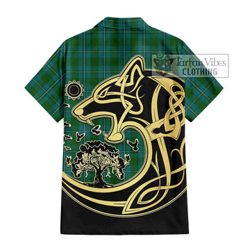 Irvine of Bonshaw Tartan Short Sleeve Button Shirt with Family Crest Celtic Wolf Style