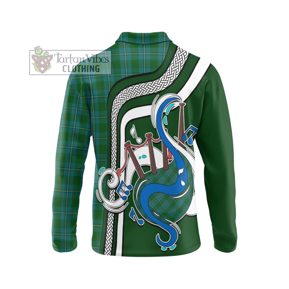 Tartan Vibes Clothing Irvine of Bonshaw Tartan Long Sleeve Polo Shirt with Epic Bagpipe Style