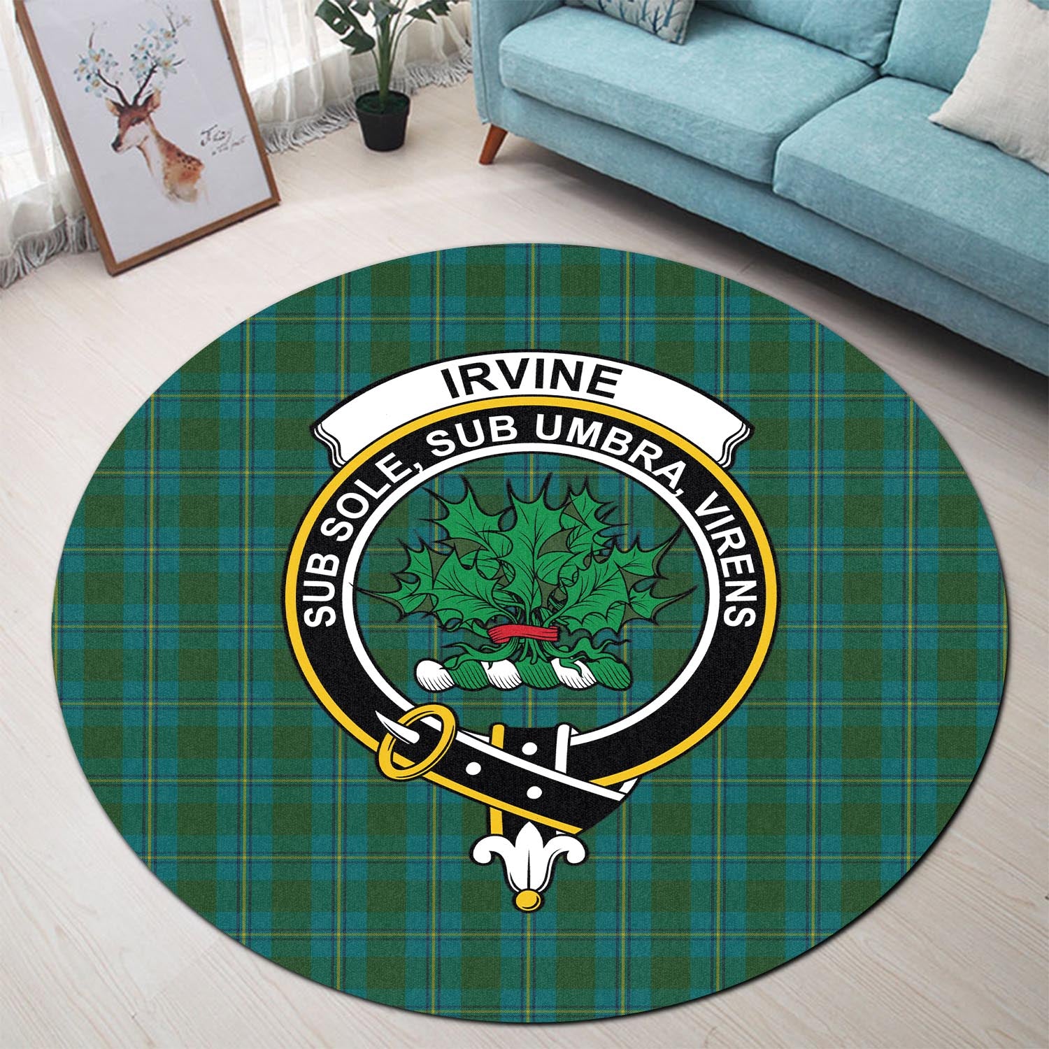 irvine-of-bonshaw-tartan-round-rug-with-family-crest