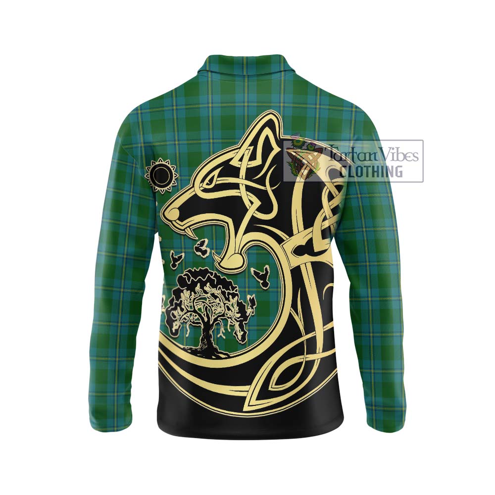 Irvine of Bonshaw Tartan Long Sleeve Polo Shirt with Family Crest Celtic Wolf Style - Tartanvibesclothing Shop