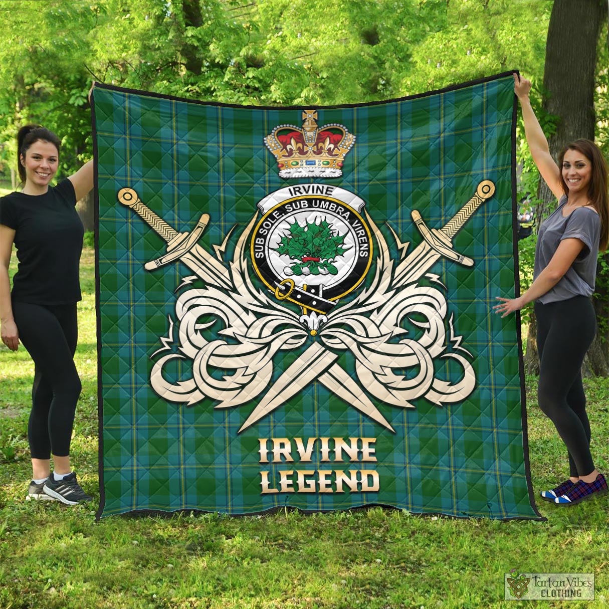 Tartan Vibes Clothing Irvine of Bonshaw Tartan Quilt with Clan Crest and the Golden Sword of Courageous Legacy