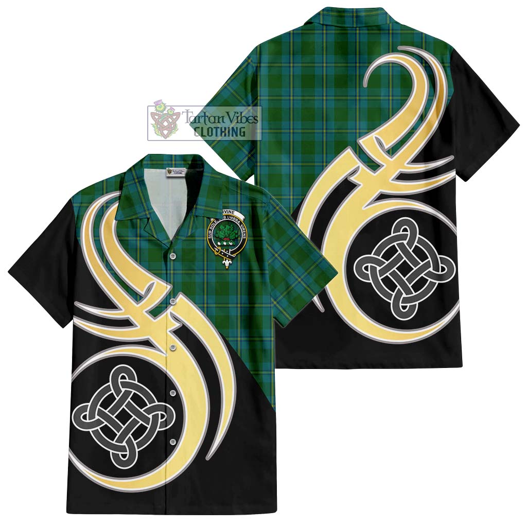 Irvine of Bonshaw Tartan Short Sleeve Button Shirt with Family Crest and Celtic Symbol Style - Tartan Vibes Clothing