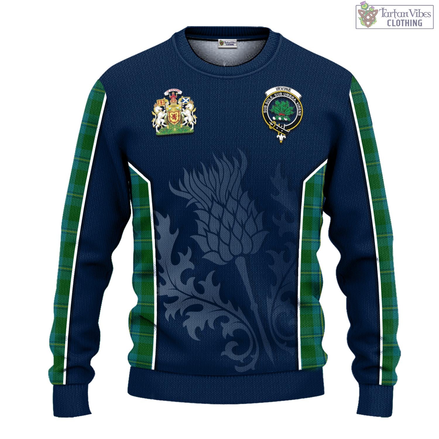 Tartan Vibes Clothing Irvine of Bonshaw Tartan Knitted Sweatshirt with Family Crest and Scottish Thistle Vibes Sport Style