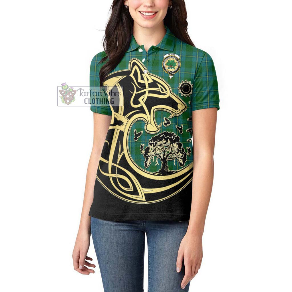 Irvine of Bonshaw Tartan Women's Polo Shirt with Family Crest Celtic Wolf Style - Tartanvibesclothing Shop