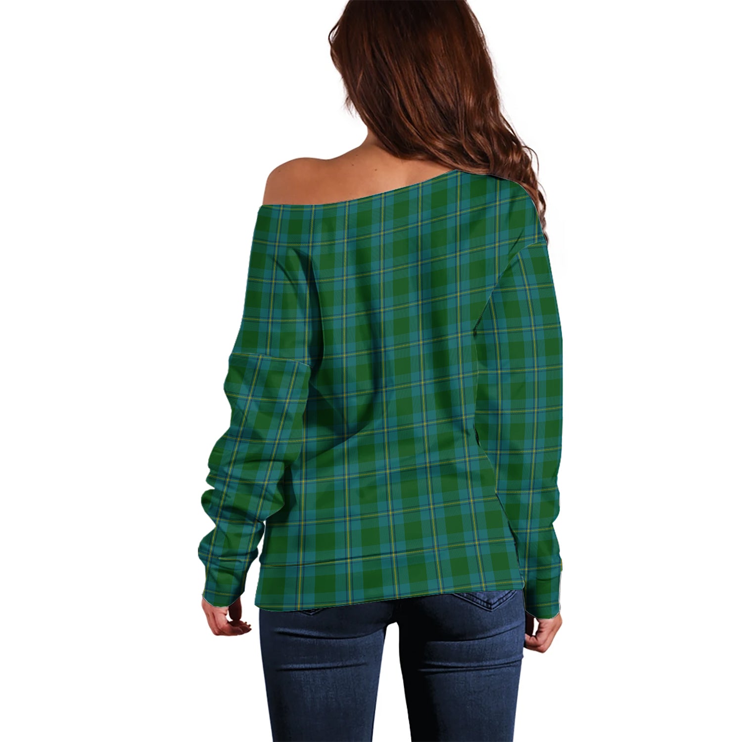 Irvine of Bonshaw Tartan Off Shoulder Women Sweater with Family Crest - Tartanvibesclothing