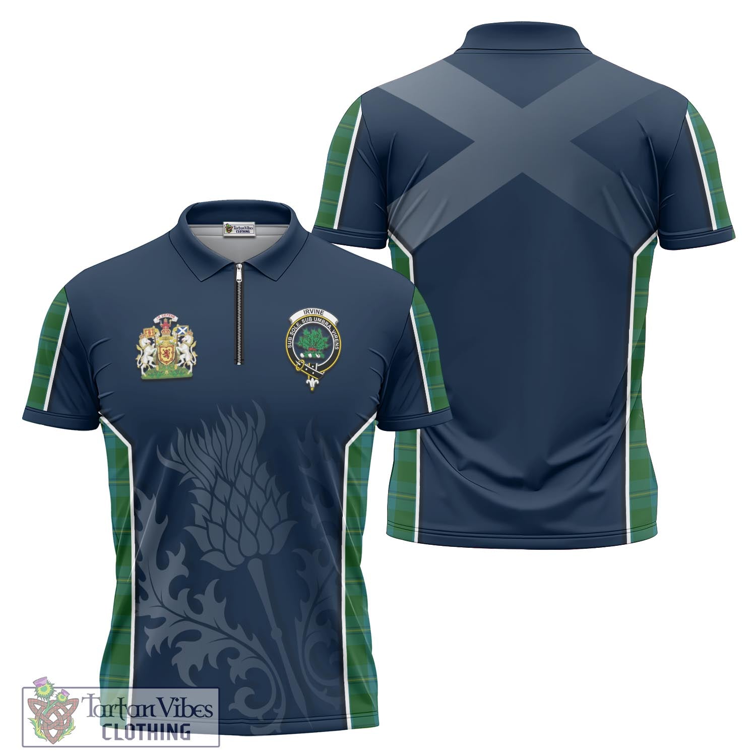 Tartan Vibes Clothing Irvine of Bonshaw Tartan Zipper Polo Shirt with Family Crest and Scottish Thistle Vibes Sport Style