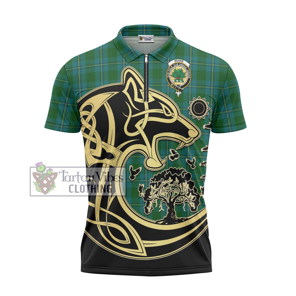 Irvine of Bonshaw Tartan Zipper Polo Shirt with Family Crest Celtic Wolf Style - Tartanvibesclothing Shop