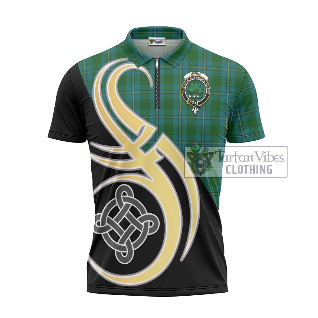 Tartan Vibes Clothing Irvine of Bonshaw Tartan Zipper Polo Shirt with Family Crest and Celtic Symbol Style