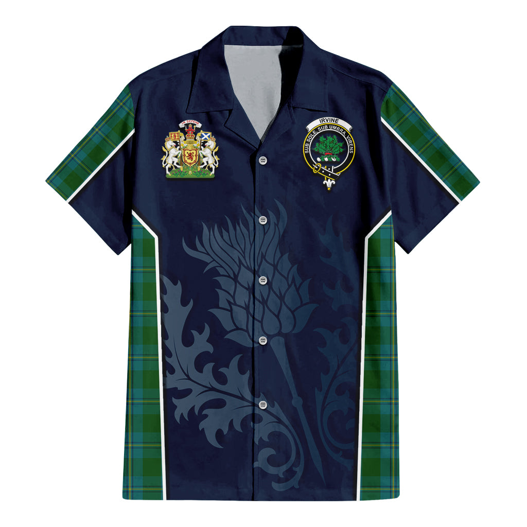 Tartan Vibes Clothing Irvine of Bonshaw Tartan Short Sleeve Button Up Shirt with Family Crest and Scottish Thistle Vibes Sport Style