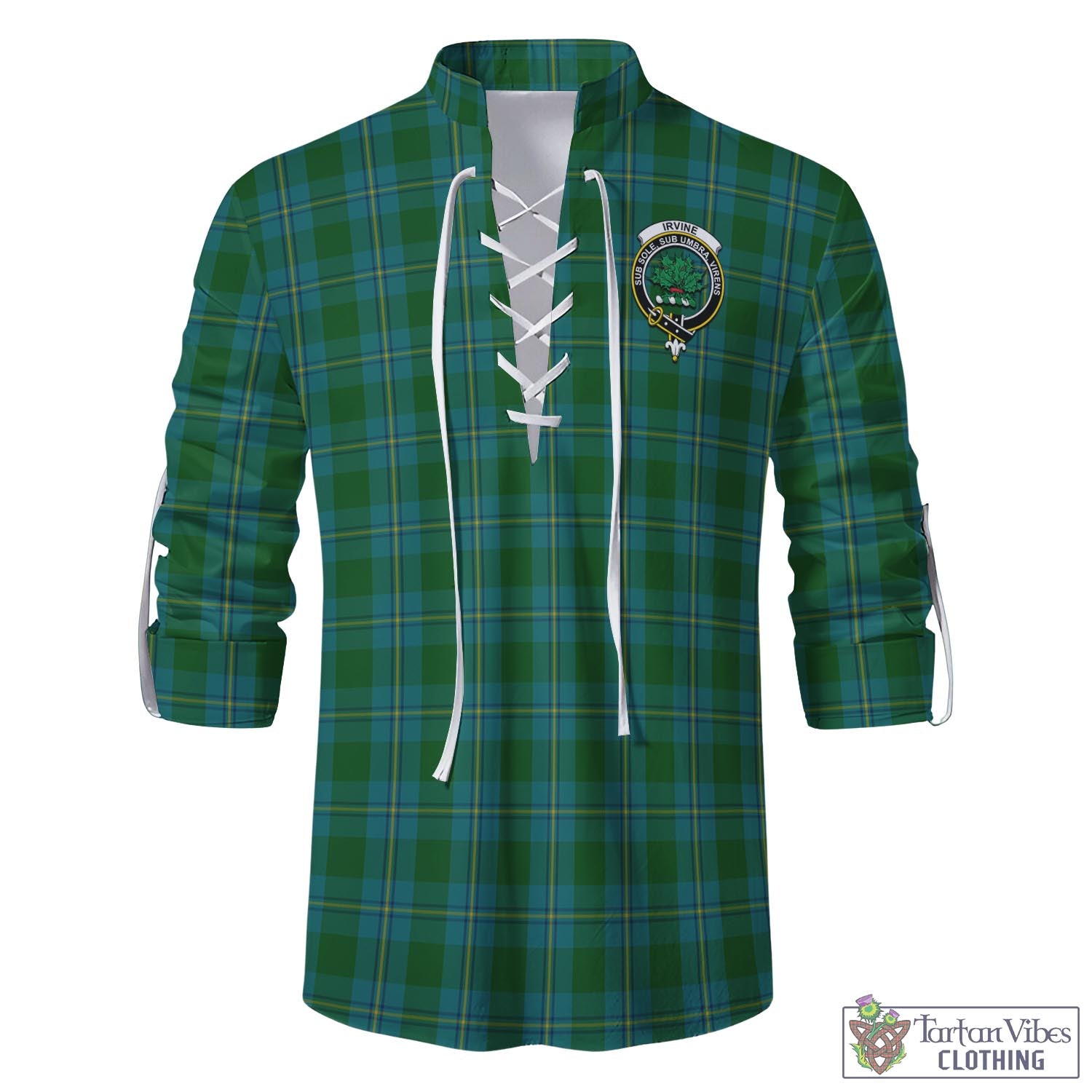 Tartan Vibes Clothing Irvine of Bonshaw Tartan Men's Scottish Traditional Jacobite Ghillie Kilt Shirt with Family Crest