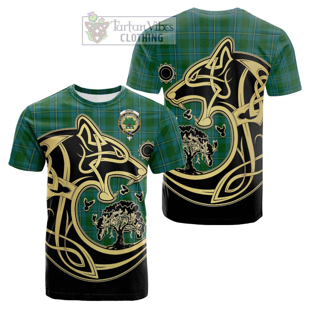 Tartan Vibes Clothing Irvine of Bonshaw Tartan Cotton T-shirt with Family Crest Celtic Wolf Style