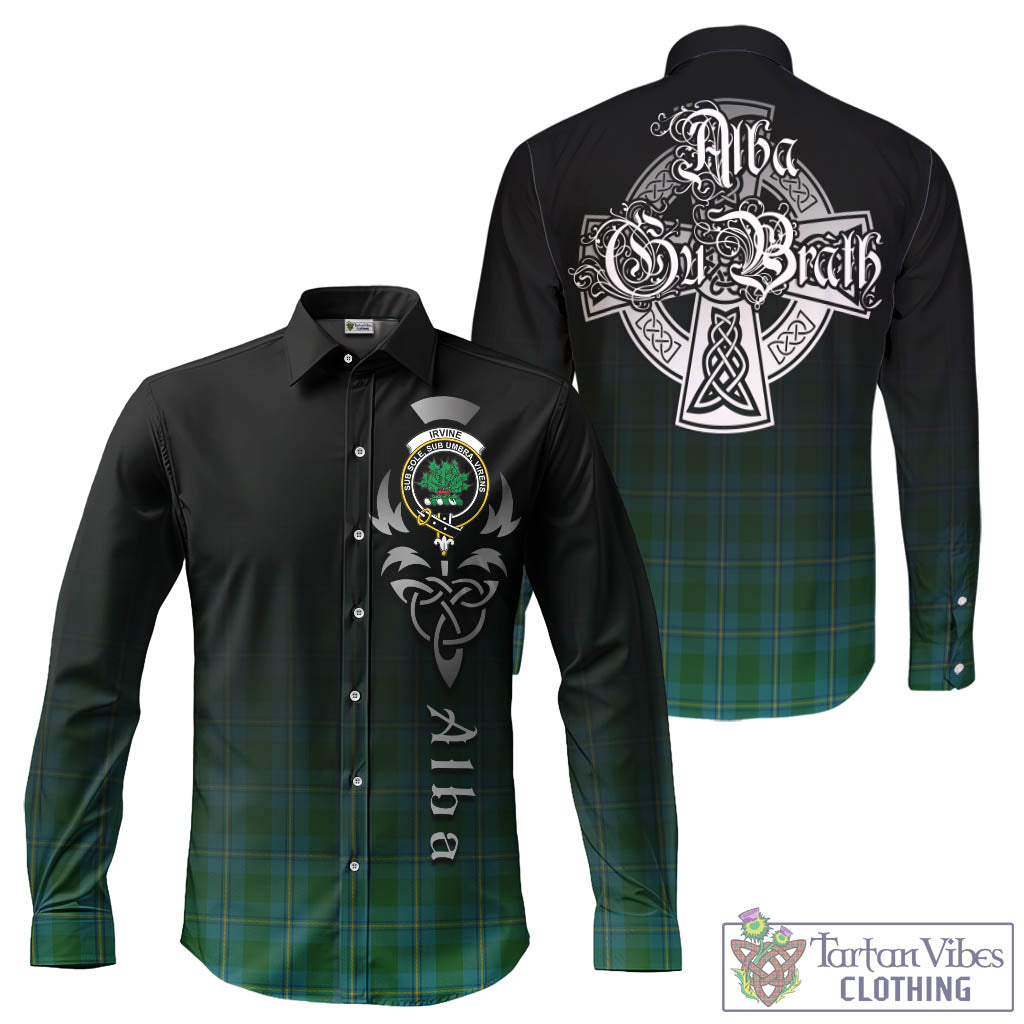 Tartan Vibes Clothing Irvine of Bonshaw Tartan Long Sleeve Button Up Featuring Alba Gu Brath Family Crest Celtic Inspired