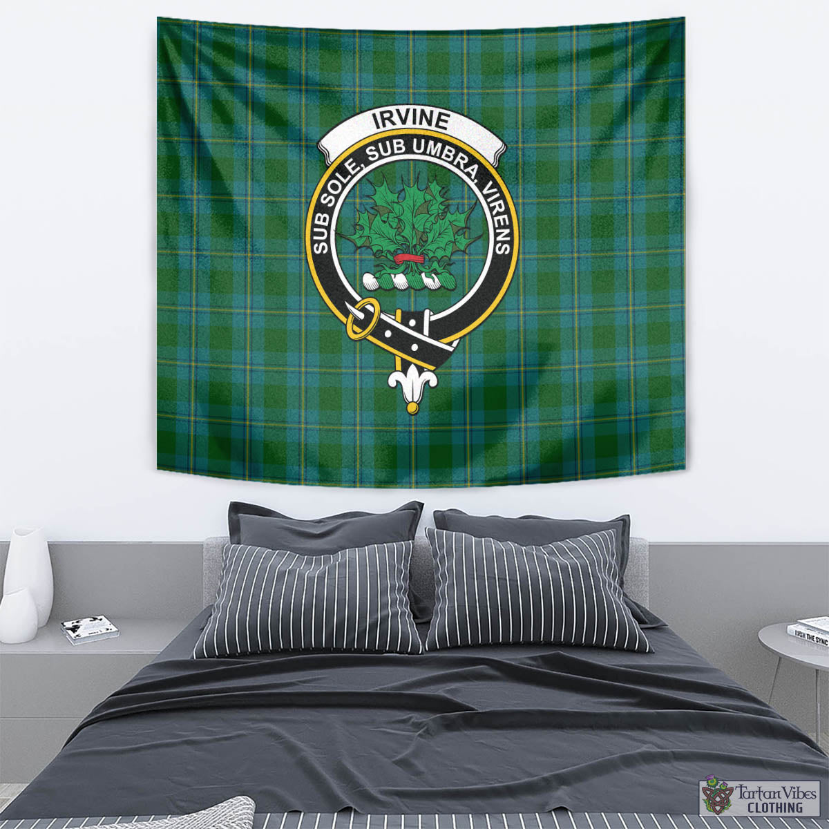 Tartan Vibes Clothing Irvine of Bonshaw Tartan Tapestry Wall Hanging and Home Decor for Room with Family Crest