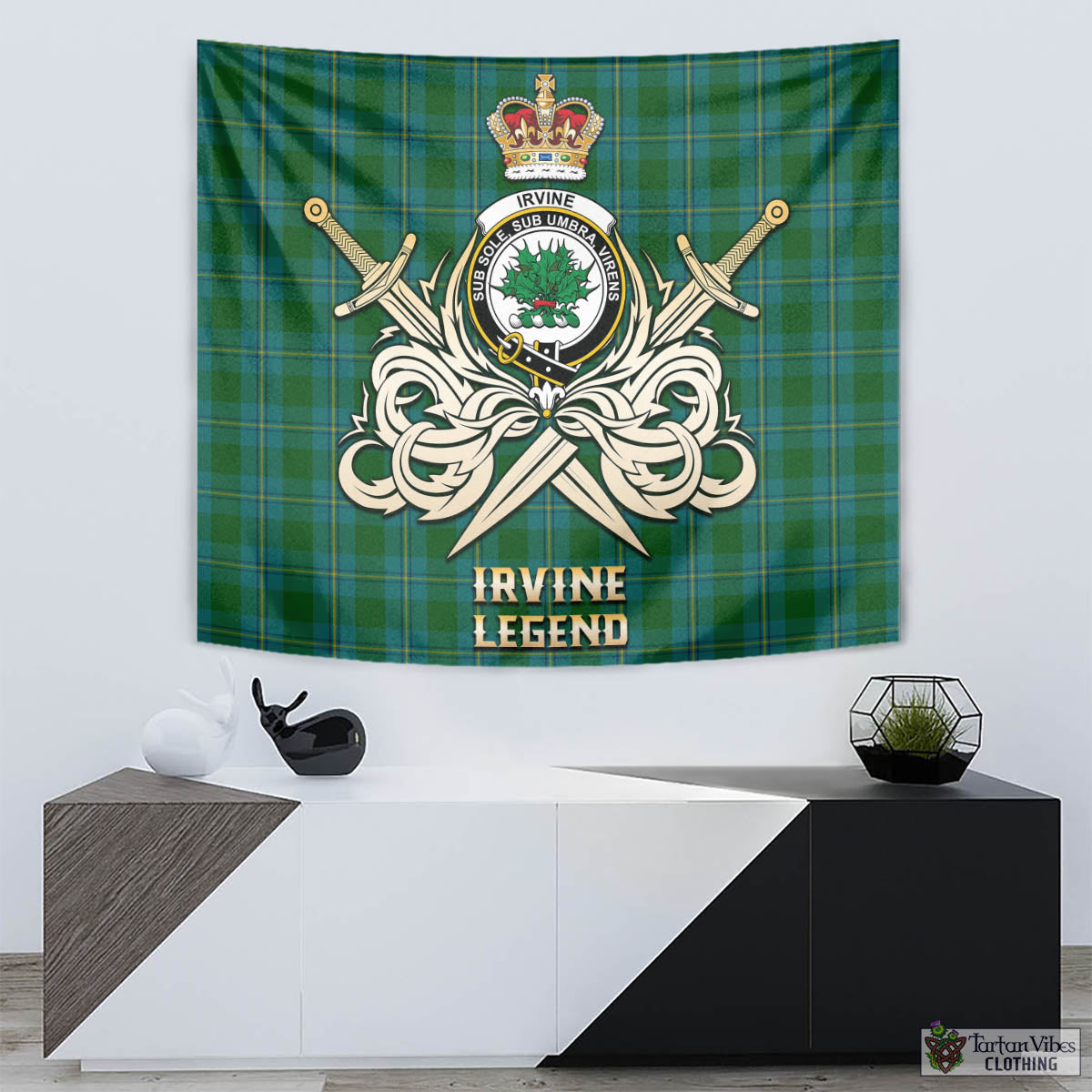 Tartan Vibes Clothing Irvine of Bonshaw Tartan Tapestry with Clan Crest and the Golden Sword of Courageous Legacy