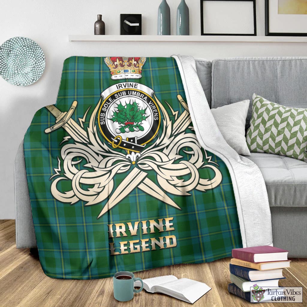 Tartan Vibes Clothing Irvine of Bonshaw Tartan Blanket with Clan Crest and the Golden Sword of Courageous Legacy