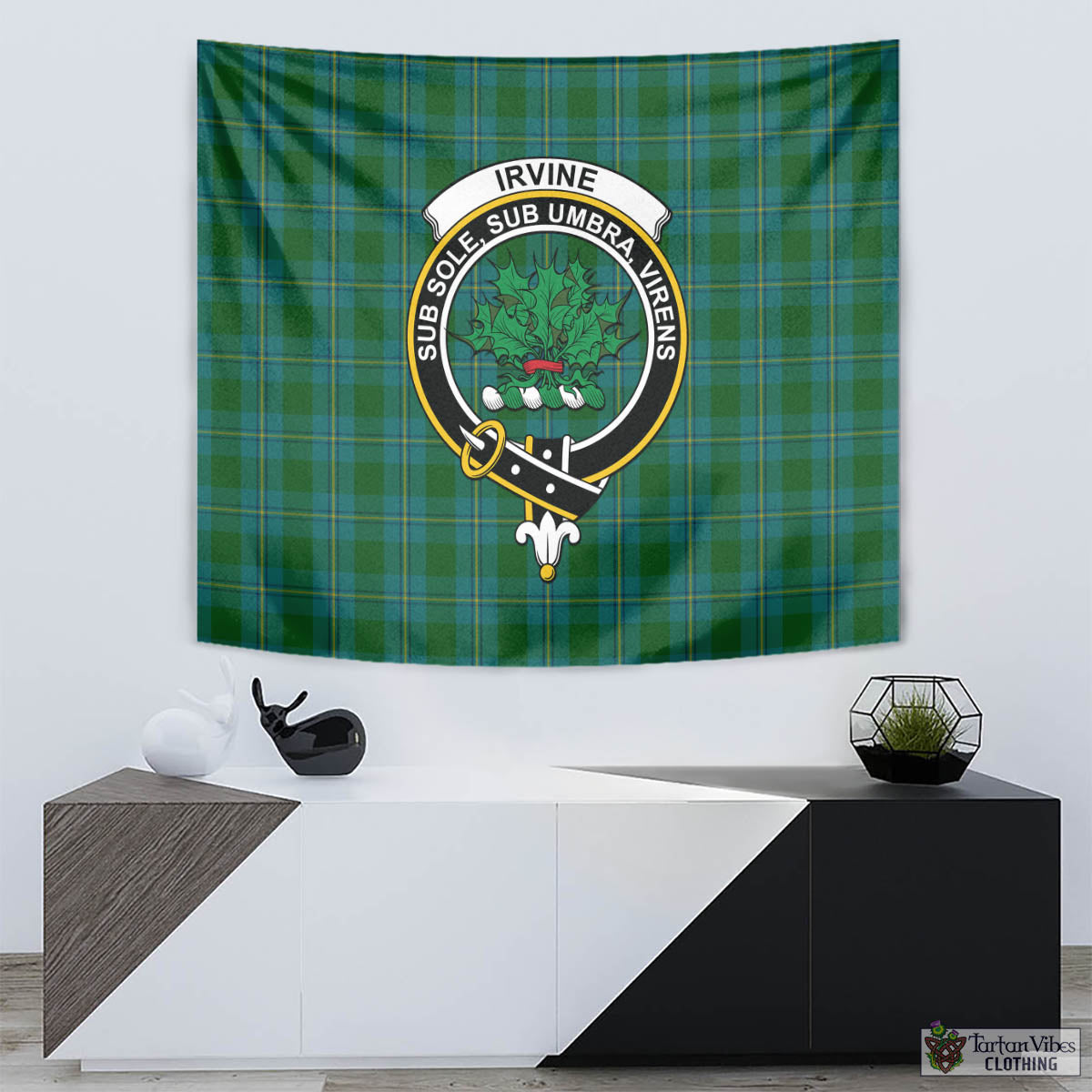 Tartan Vibes Clothing Irvine of Bonshaw Tartan Tapestry Wall Hanging and Home Decor for Room with Family Crest