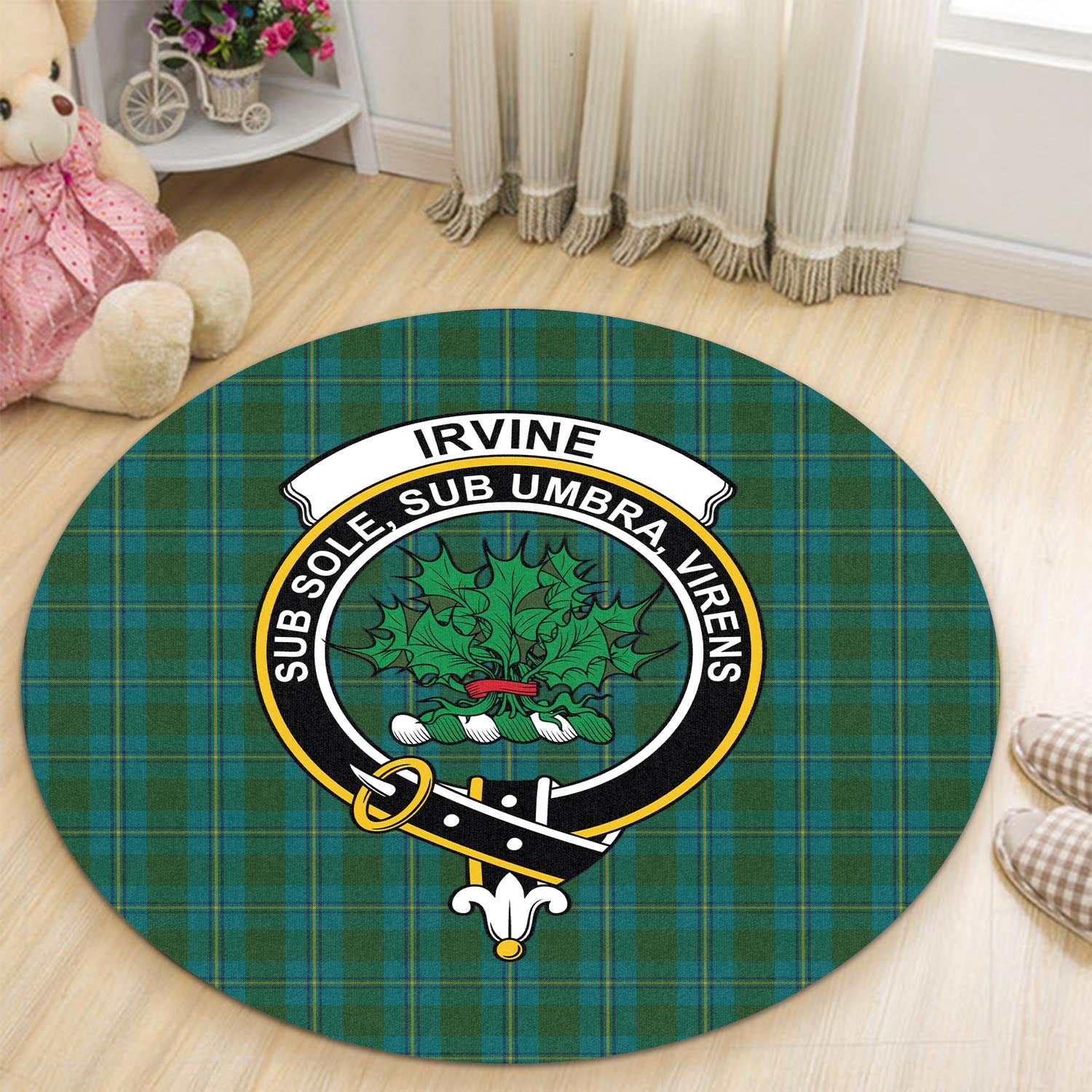 irvine-of-bonshaw-tartan-round-rug-with-family-crest