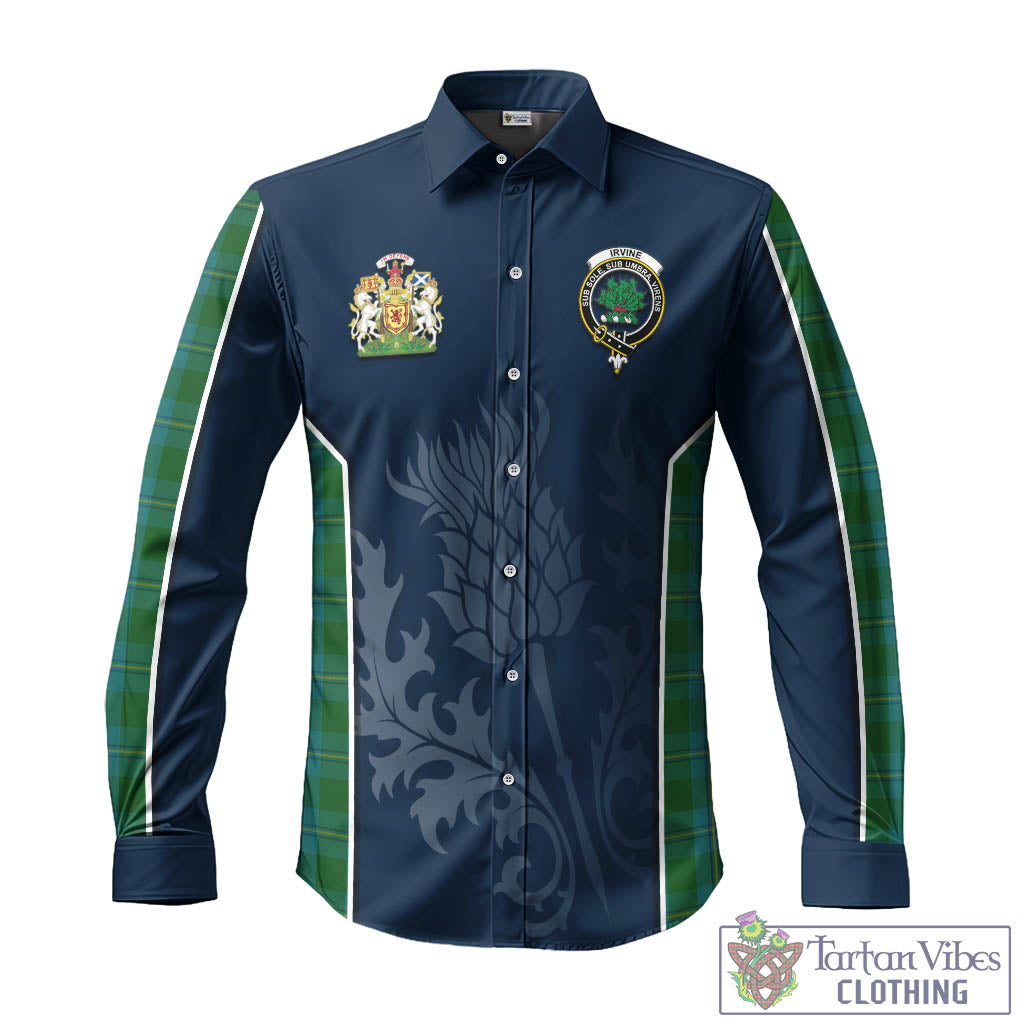 Tartan Vibes Clothing Irvine of Bonshaw Tartan Long Sleeve Button Up Shirt with Family Crest and Scottish Thistle Vibes Sport Style