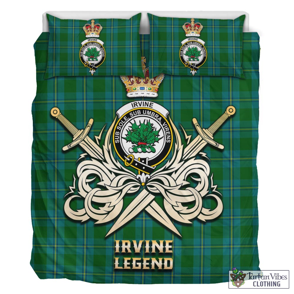 Tartan Vibes Clothing Irvine of Bonshaw Tartan Bedding Set with Clan Crest and the Golden Sword of Courageous Legacy