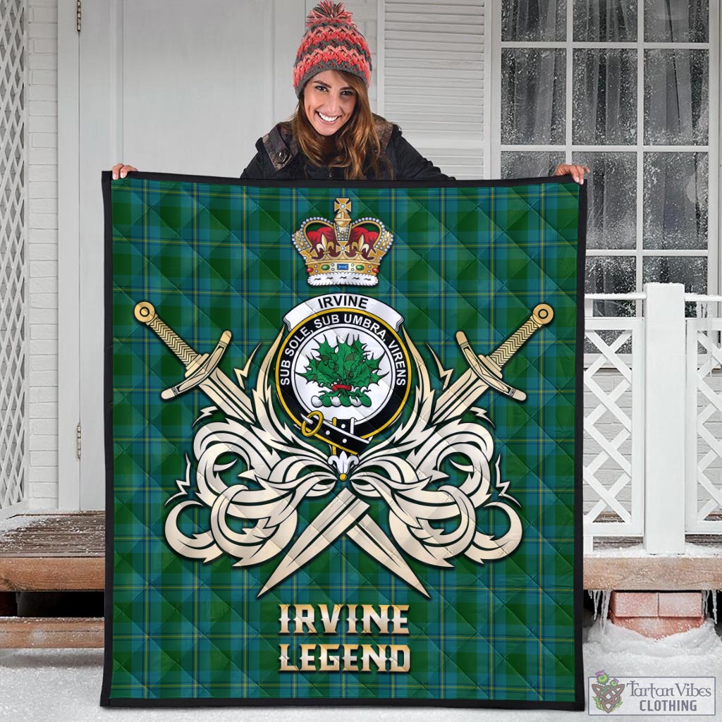 Tartan Vibes Clothing Irvine of Bonshaw Tartan Quilt with Clan Crest and the Golden Sword of Courageous Legacy