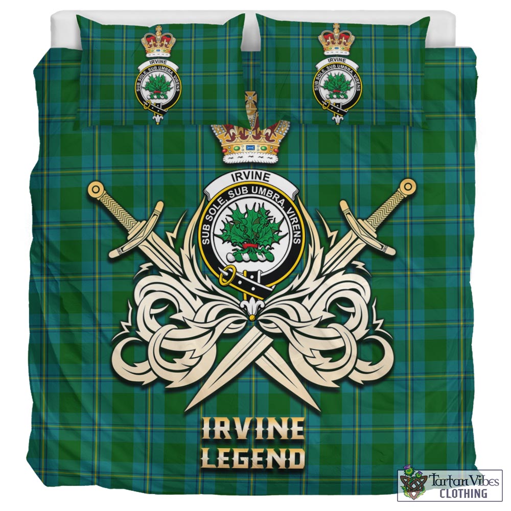 Tartan Vibes Clothing Irvine of Bonshaw Tartan Bedding Set with Clan Crest and the Golden Sword of Courageous Legacy